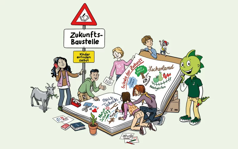 Das Drachenkind Jolinchen steht vor einem riesigen Buch. Vier Kinder malen in das Buch und fügen ihre Ideen hinzu. Ein Junge lehnt sich an das Buch. Ein Mädchen mit einer Ziege steht hinter dem Buch und hält ein Schild mit der Aufschrift „Zukunftsbaustelle“.