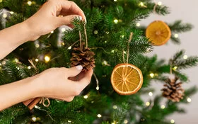 Frauenhände hängen Weihnachtsschmuck an einen Tannenbaum.