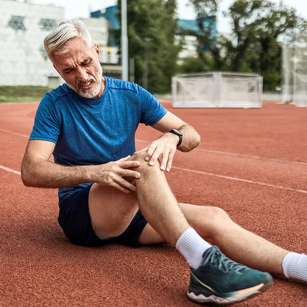 Ein älterer Mann mit Bart in Joggingkleidung sitzt auf einer Laufbahn. Sein rechtes Knie ist angewinkelt. Er fasst sich ans Knie. Sein Gesicht drückt Schmerz aus.