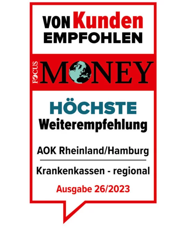 Focus Money: AOK Rheinland-Hamburg Höchste Weiterempfehlung