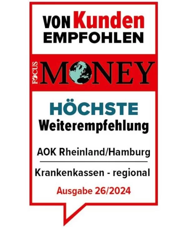 Focus Money: AOK Rheinland-Hamburg Höchste Weiterempfehlung