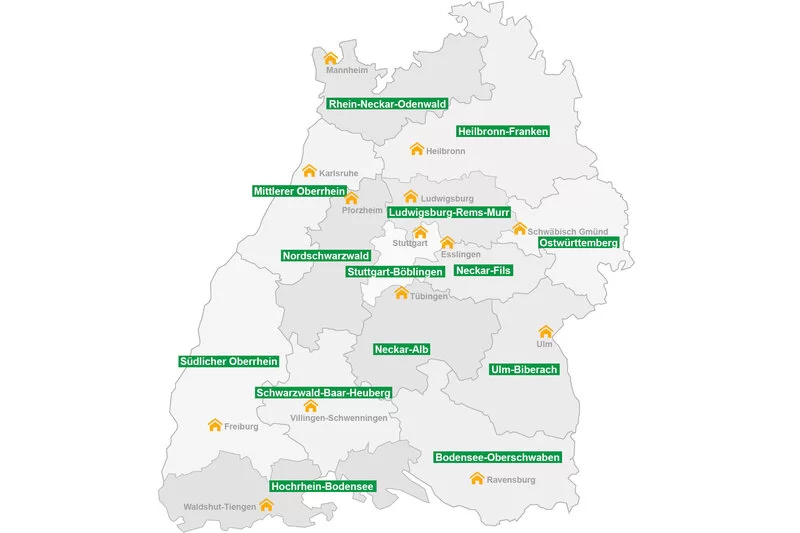Die Karte zeigt die einzelnen Bezirksdirektionen der AOK Baden-Württemberg.