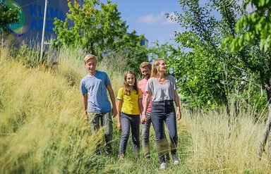 Eine Familie geht bei Sonnenschein über eine Wiese. Im Hintergrund ist ein Teil der Klima Arena in Sinsheim zu sehen.