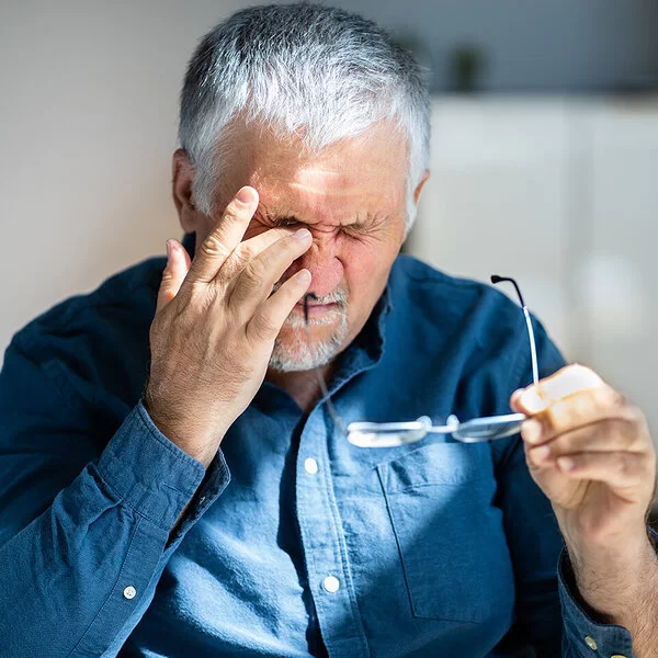 Ein älterer Mann hält in der einen Hand die Brille und fasst sich mit dem Finger seiner anderen Hand ins Auge.