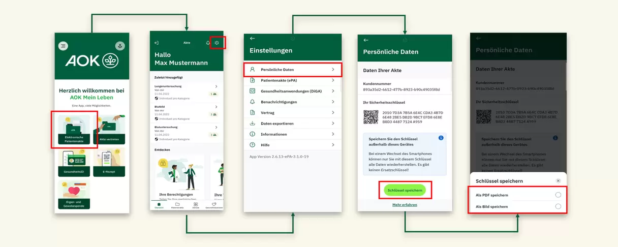 Verschiedene Screenshots der „AOK Mein Leben“-App zeigen die Schritte zum Export des Sicherheitsschlüssels.