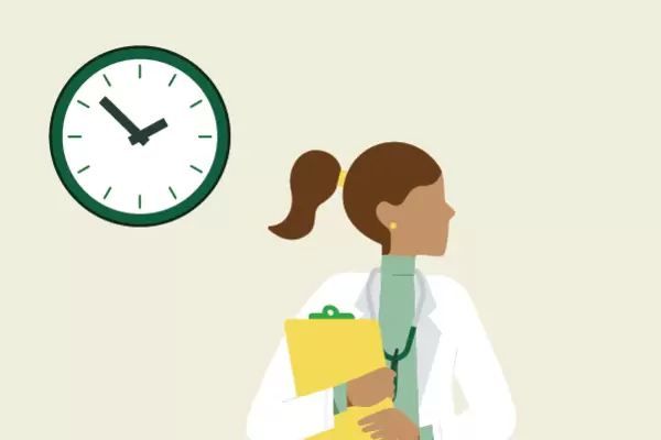 Illustration einer Ärztin mit einem Klemmbrett unter dem Arm, im Hintergrund hängt eine Uhr an der Wand.