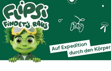 Die Illustration zeigt das kleine grüne Wesen Flipsi. Es schaut über einen weißen Rand.