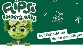 Die Illustration zeigt das kleine grüne Wesen Flipsi. Es schaut über einen weißen Rand.