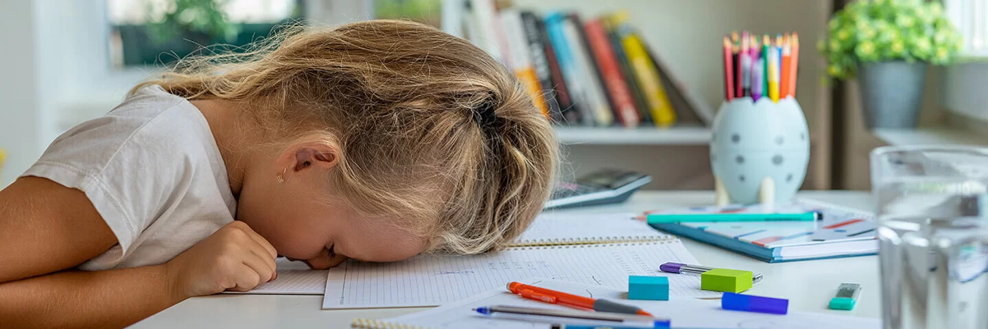 Ein kleines Mädchen mit langen blonden Haaren sitzt an einem weißen Tisch vor ihren Schulaufgaben und hat den Kopf mit der Stirn auf ihr Heft gelegt.