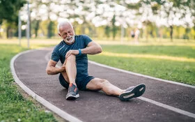 Ein älterer bärtiger Mann in Joggingbekleidung sitzt in einem Park auf einem Weg. Er hält sich das angewinkelte linke Knie. Das Gesicht ist schmerzverzerrt.