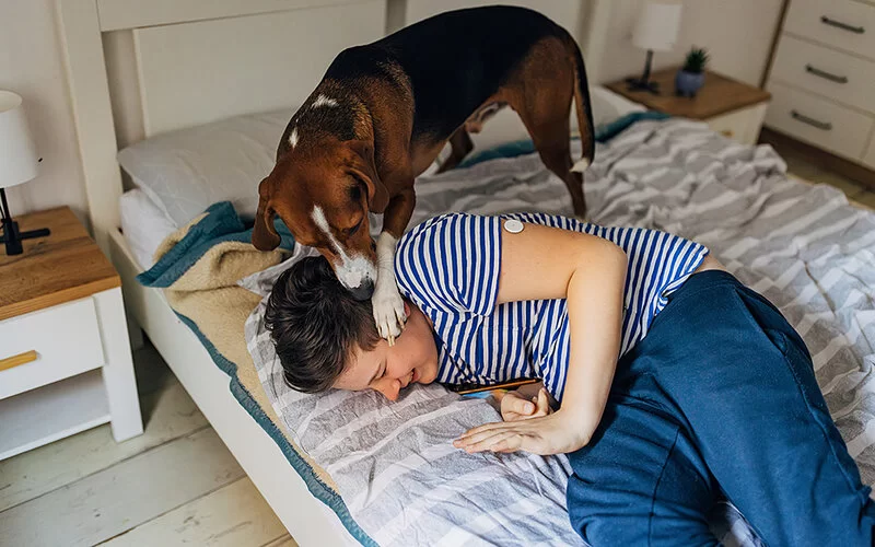 Ein Junge mit einem CGM-System zur Blutzuckermessung am Oberarm spielt fröhlich mit seinem Hund auf seinem Bett.