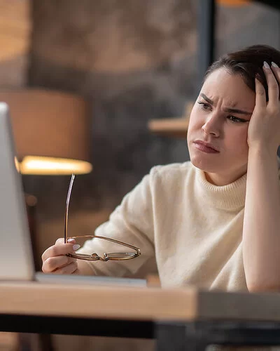 Eine Frau sitzt an einem Tisch und schaut sorgenvoll auf den Bildschirm eines Laptops. In der einen Hand hält sie eine Brille.