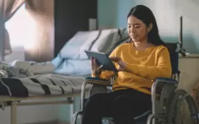 Eine junge Frau im Rollstuhl hält ein Tablet in der Hand.