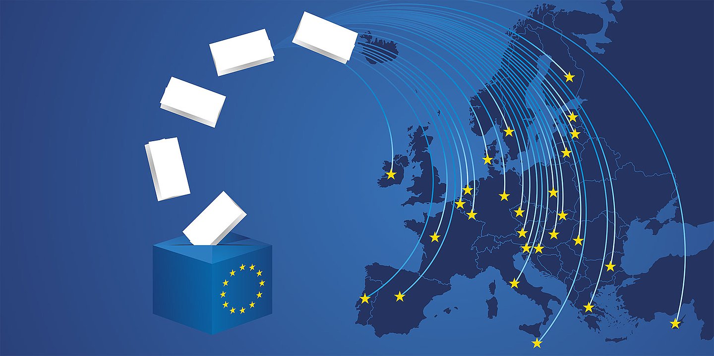 Symbolbild eines Wahlbriefkastens, von dem aus bogenförmig Sterne auf einzelne EU-Länder schießen