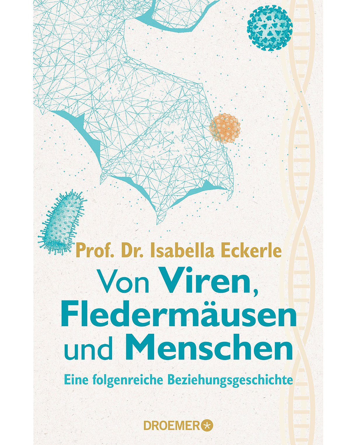 Cover des Buches "Von Viren, Fledermäusen und Menschen" mit einem strukturierten Fledermausflügel und verschiedenen Erregern