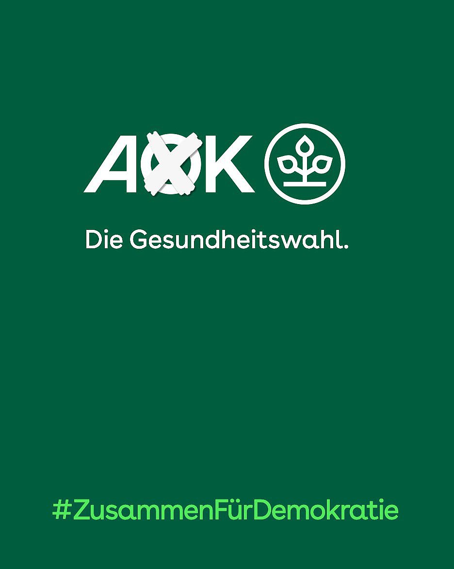 Kampagnenmotiv zur Bundestagswahl 2025: AOK-Logo mit Stimmkreuz, darunter der Schriftzug "Die Gesundheitswahl".