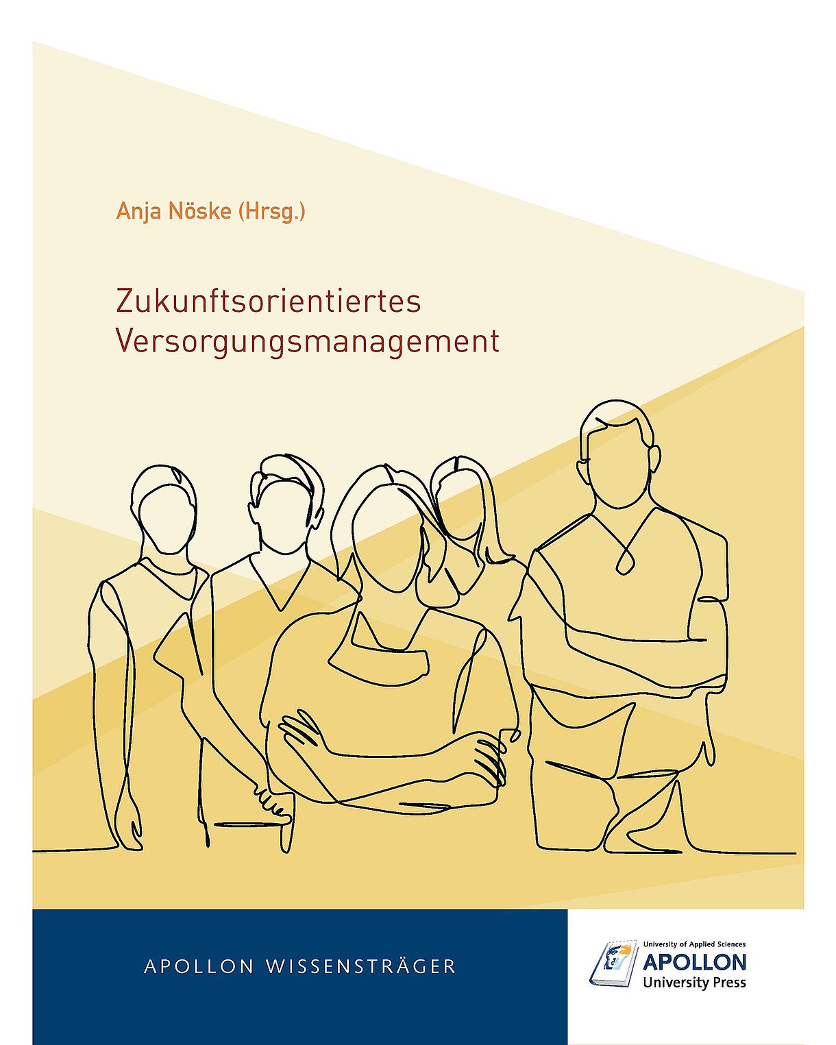 Cover des Buches "Zukunftsorientiertes Versorgungsmanagement" mit menschlichen Silhouetten vor gelbem Hintergrund