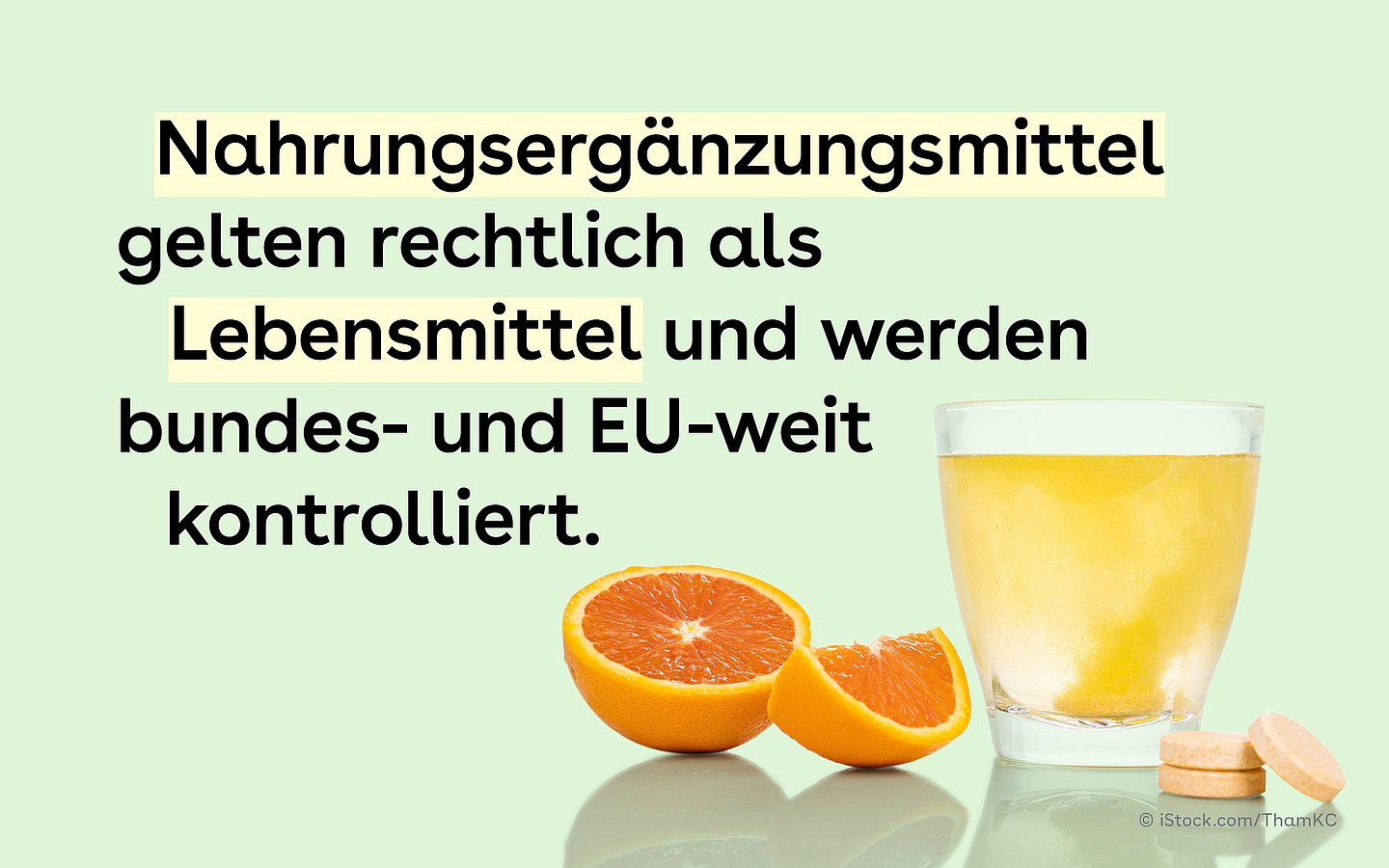 Die Illustration zeigt eine geteilte Orange neben einem Glas voll Wasser und drei Vitamintabletten. Dazu der Text: Nahrungsergänzungsmittel gelten rechtlich als Lebensmittel und werden bundes- und EU-weit kontrolliert.