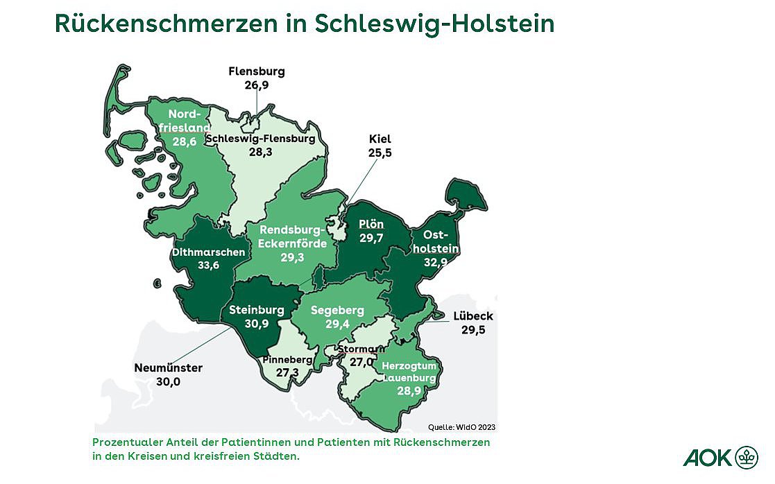 Die Grafik zeigt den prozentualen Anteil der Patientinnen und Patienten mit Rückenschmerzen in den Kreisen und kreisfreien Städten in Schleswig-Holstein