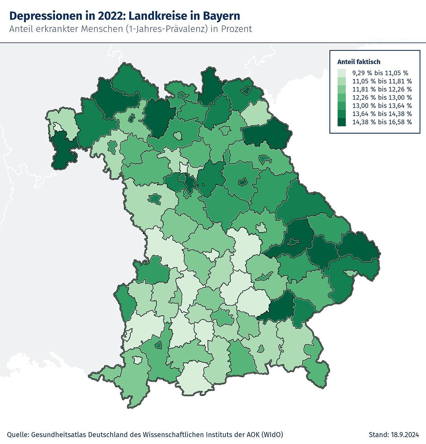 Landkarte von Bayern: Im Norden und Osten Bayerns sind mehr Menschen von Depressionen betroffen als im Westen und Süden: Im Norden und Osten des Freistaats sind mehr Menschen von Depressionen betroffen als im Westen und Süden