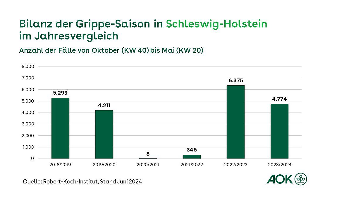 Grafik zeigt die Bilanz der Grippe-Saison in Schleswig-Holstein im Jahresvergleich ab 2018/2019 als Balkendiagramm.