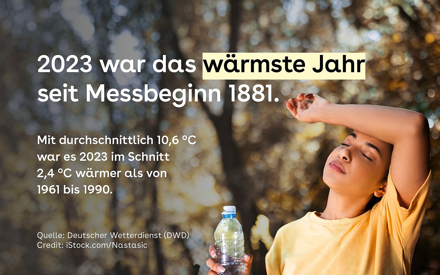 Bild zeigt eine junge Frau, die den linken Unterarm an ihre Stirn hält und in der rechten Hand eine Wasserflasche hält. Dazu der Text: 2023 war das bisher wärmste Jahr seit Messbeginn 1881.