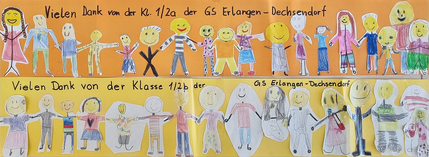Die Grafik zeigt auf gelbem Karton einen Zusammenschnitt der Briefe von den Grundschülern, die sich bei der AOK Bayern für das Projekt bedanken. 