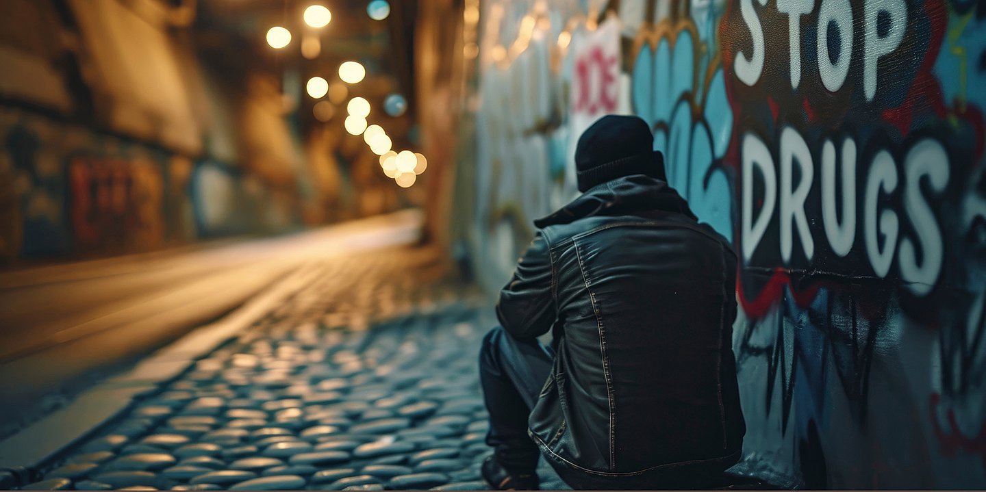 Foto: Ein Mann in Lederjacke sitzt mit dem Rücken zur Kamera auf einem Gehweg, daneben steht auf einer Mauer "Stop Drugs".