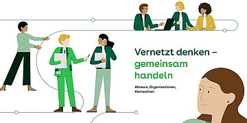 Illustration: Auf weißem Grund sind verschiedene Menschen in typischen Büroszenen abgebildet.