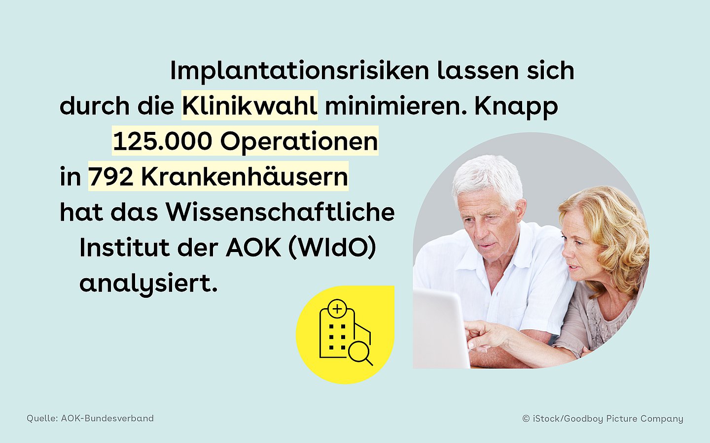 Slider zum Thema Implantationrisiko mit Text und Bild von einer älteren Frau, die zusammen mit einem Arzt auf einen Bildschirm blickt