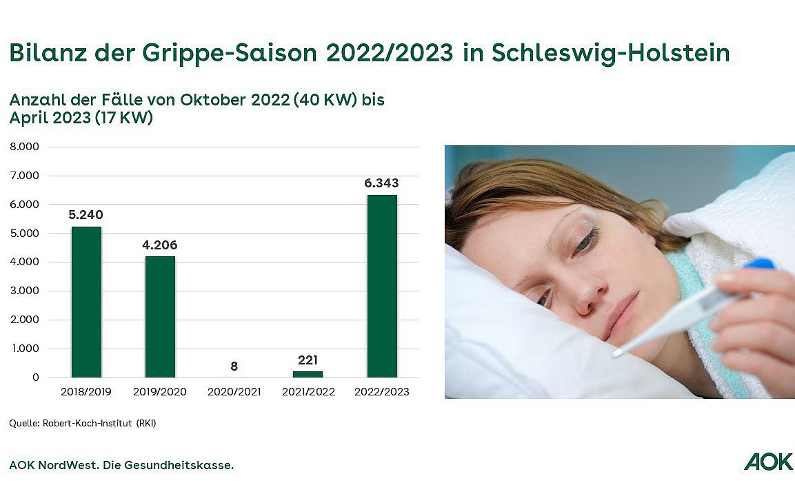 Grafische Darstellung der Grippe-Fallzahlen 2022/2023 in Schleswig-Holstein.