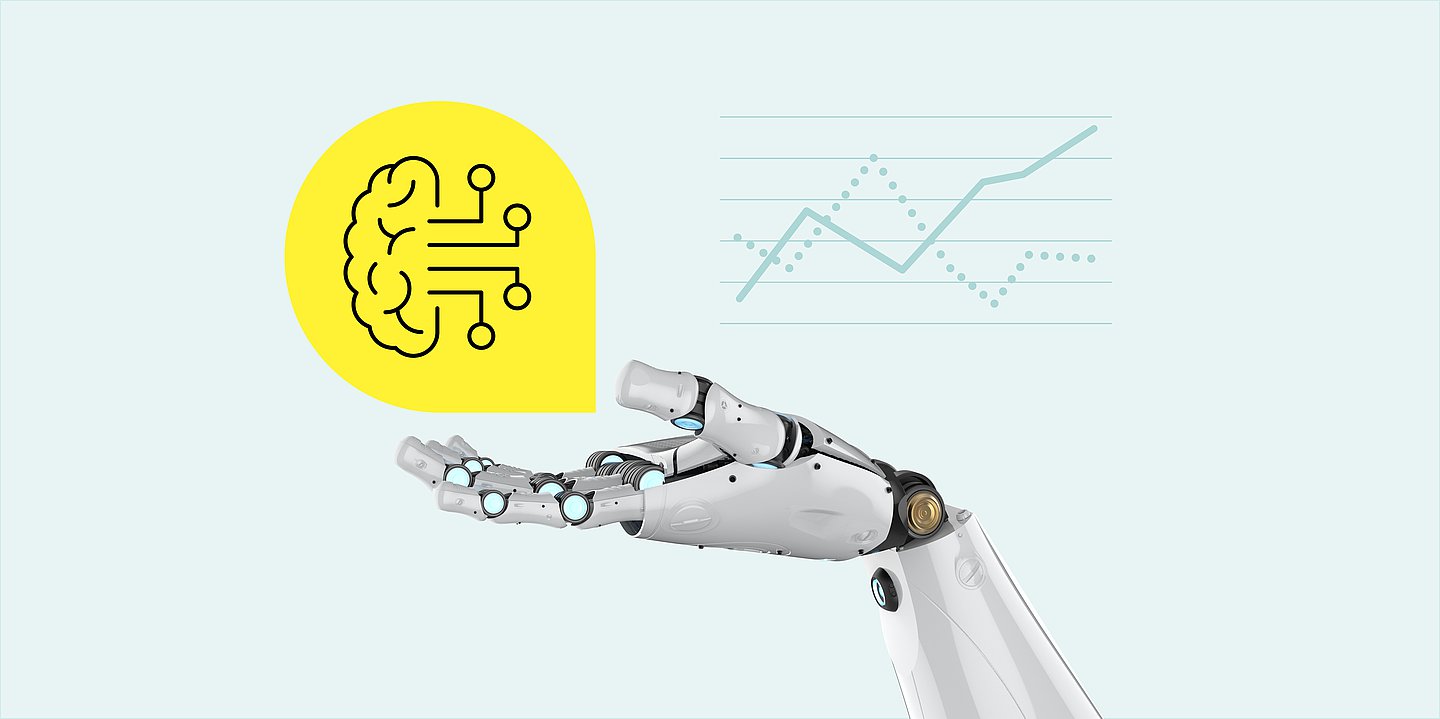 Grafik: Über der Hand eines Roboters schwebt eine Sprechblase mit einer Abbildung Künstlicher Intelligenz.