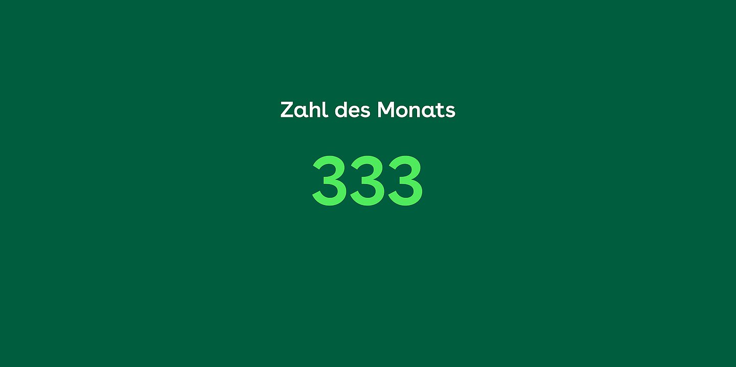 Grafik: Zahl des Monats in weiß, 333 in hellgrün, Hintergrund dunkelgrün