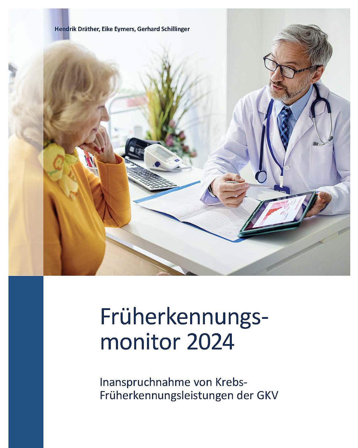 Das Titelbild zeigt in der oberen Hälfte einen Arzt (rechts) mit Brille, grauen Haaren und Bart im Gespräch mit einer blonden Patientin (links) mit rot lackierten Fingernnägeln. Sie blickt auf ein Tablet, das der Arzt ihr hinhält,. Dazwischen steht ein Shreibtisch. Der Arzt trägt unter seinem weißen Kittel ein hellblaues Hend mit blau-hellblau-grau gemusterter Krawatte. Die Frau trägt ein dunkelgelbes Oberteil und ein hellgelbes Halstuch mit Blumenmuster. Auf dem Schreibtisch liegen noch weitere Akten, ein Blutdruckmessgerät und eine PC-Tastatur