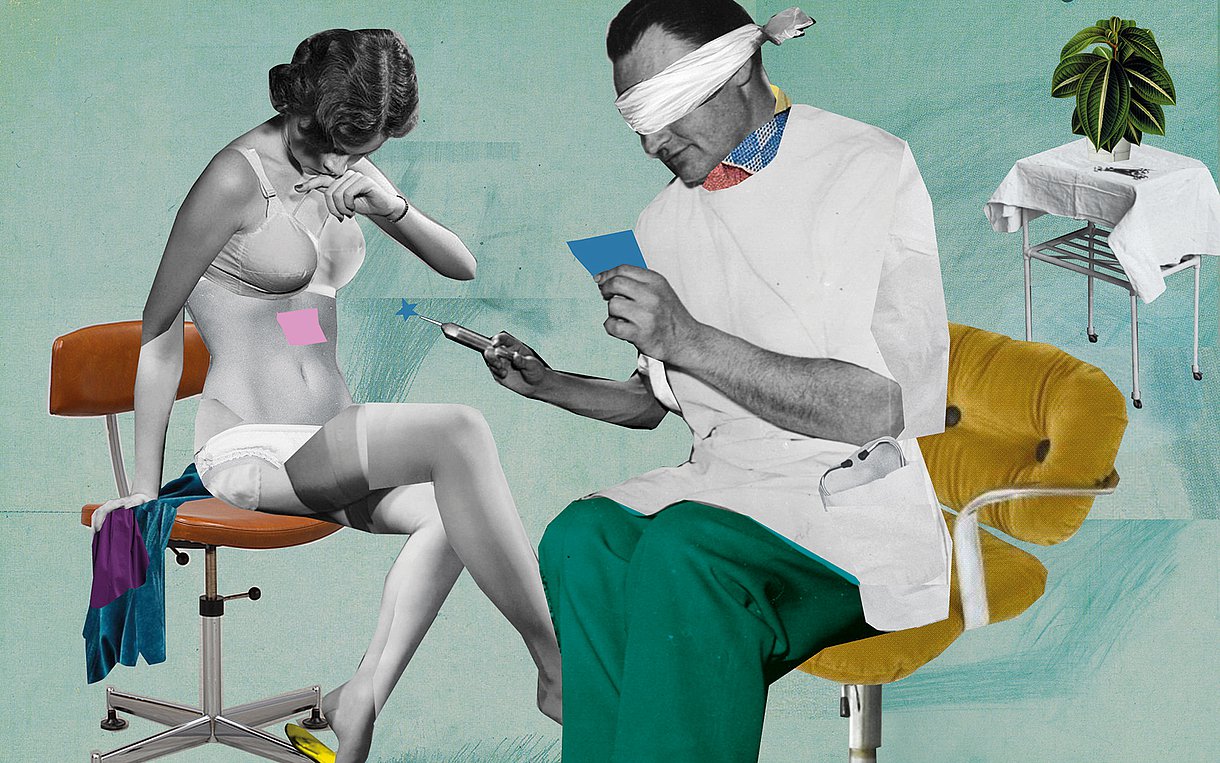 Bunte Illustration einer Frau in Unterwäsche, die von einem Arzt mit verbundenen Augen eine Spritze bekommt