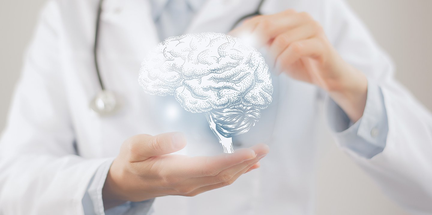 Foto: Die Illustration eines Gehirns schwebt zwischen zwei Händen, eines Arztes.